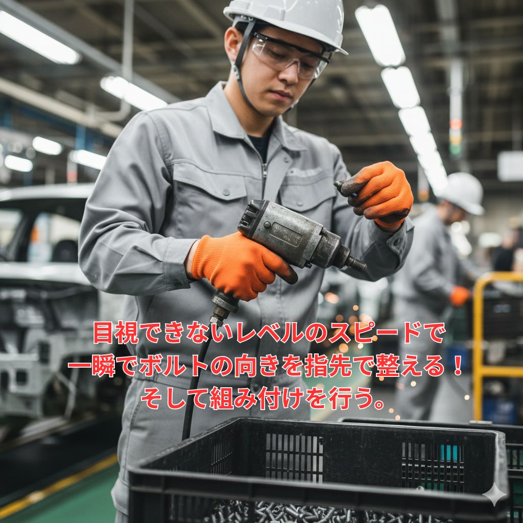 三菱期間工の組立シャーシ工程でのインパクトでボルトの締め付け作業。左手でボルトの向きを変える様子。