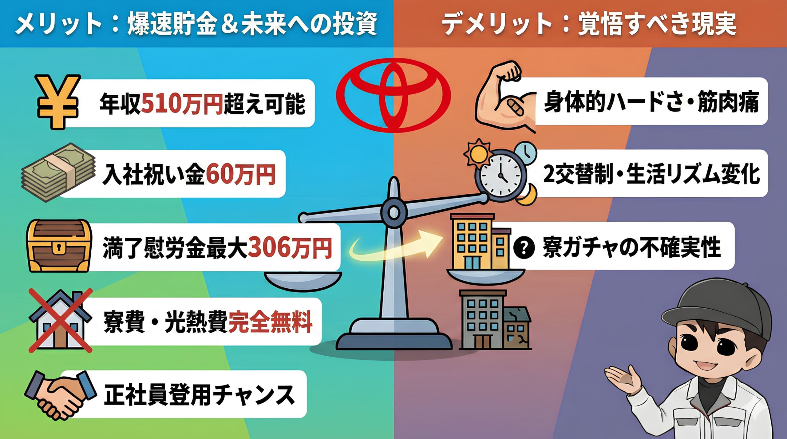 トヨタ期間工のメリット・デメリットを解説する画像