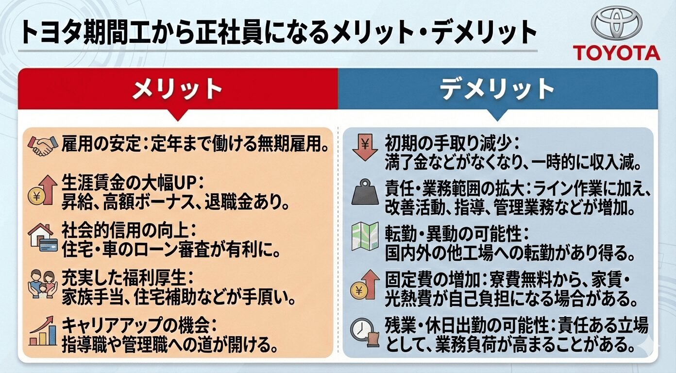 トヨタ期間工から正社員になるメリット・デメリットをまとめた画像