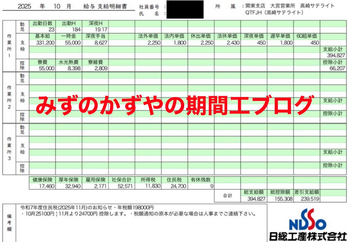 スバル派遣【2025年10月の給料明細】
