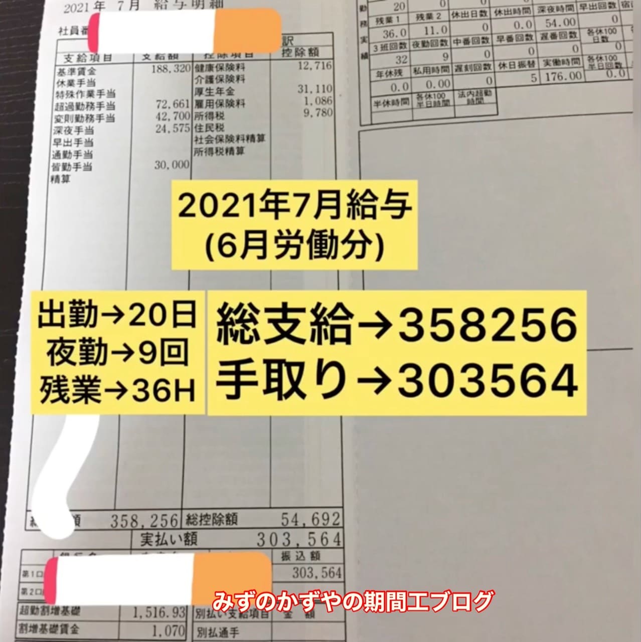 ジヤトコ期間工 2021年7月の給料明細