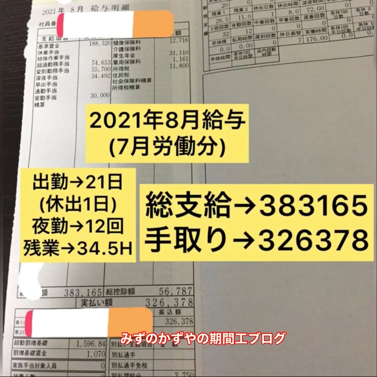 ジヤトコ期間工 2021年8月の給料明細