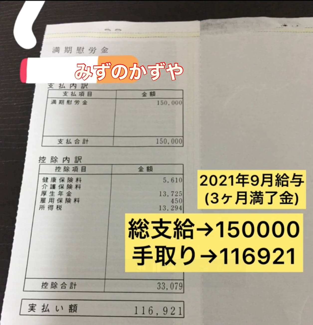 2021年9月 2回目の3ヶ月契約を満了した満了金明細