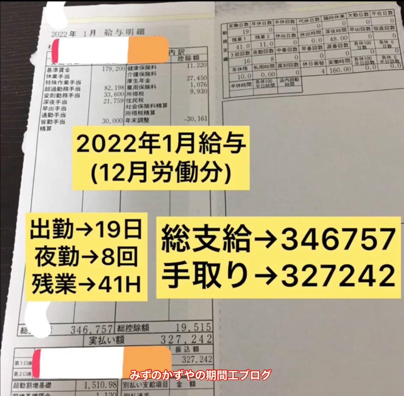ジヤトコ期間工 2022年1月の給料明細