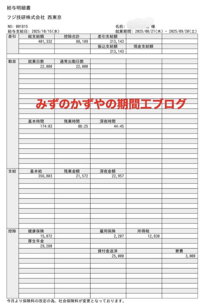 日野自動車派遣の2025年10月の給料明細