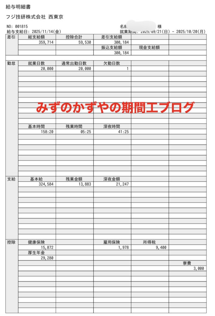 日野自動車派遣の2025年11月の給料明細