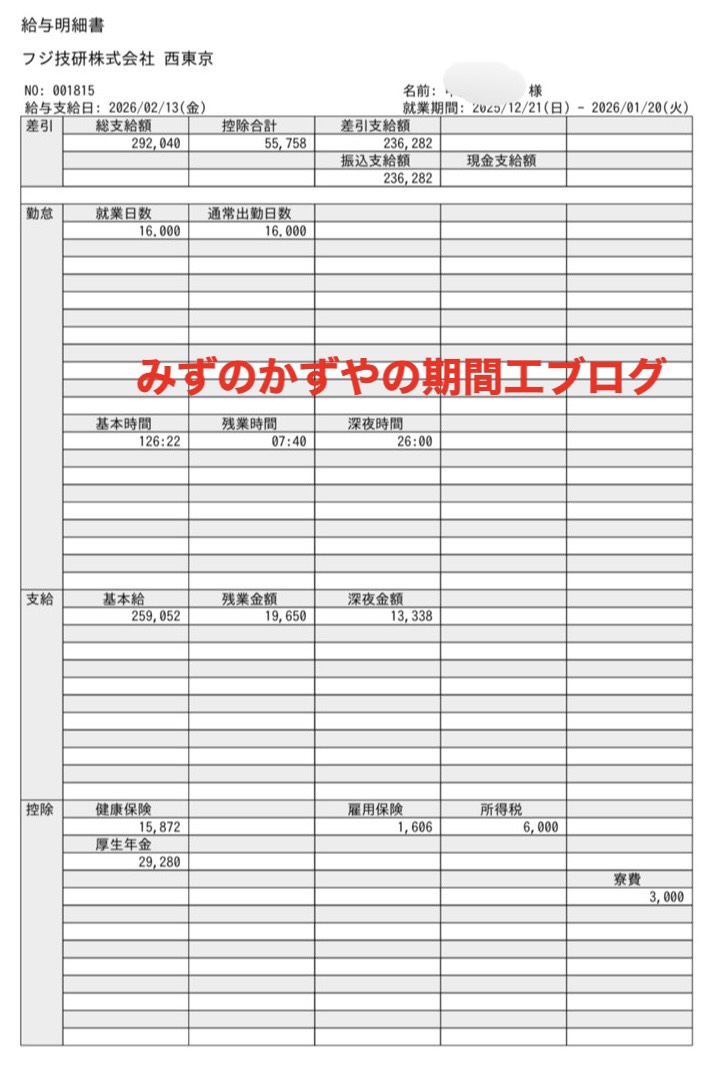 日野自動車派遣の2026年2月の給料明細